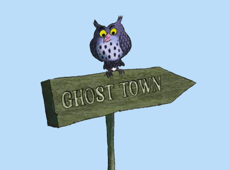 An owl on a signpost with directions to the ghost town